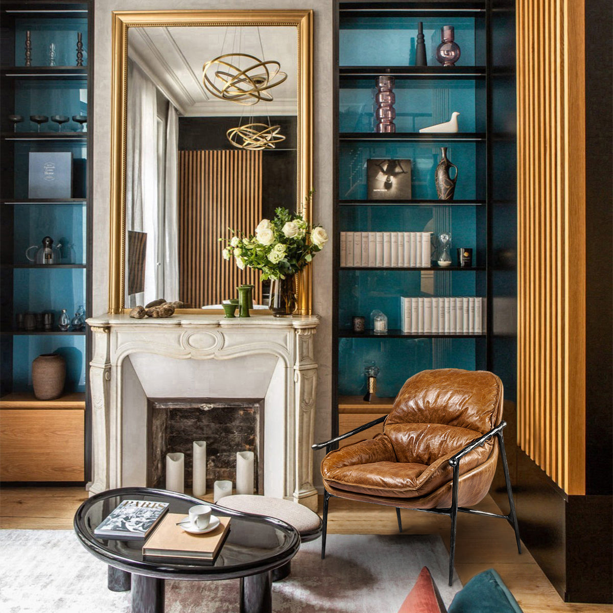 Thaddeus Forged Iron Brown Leather Accent Chairs - King Lamps
