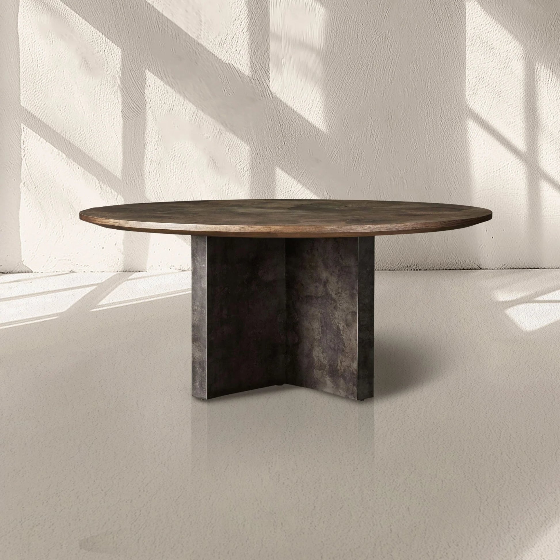 Loranco Wood Round Dining Table With Oxidized Steel Base