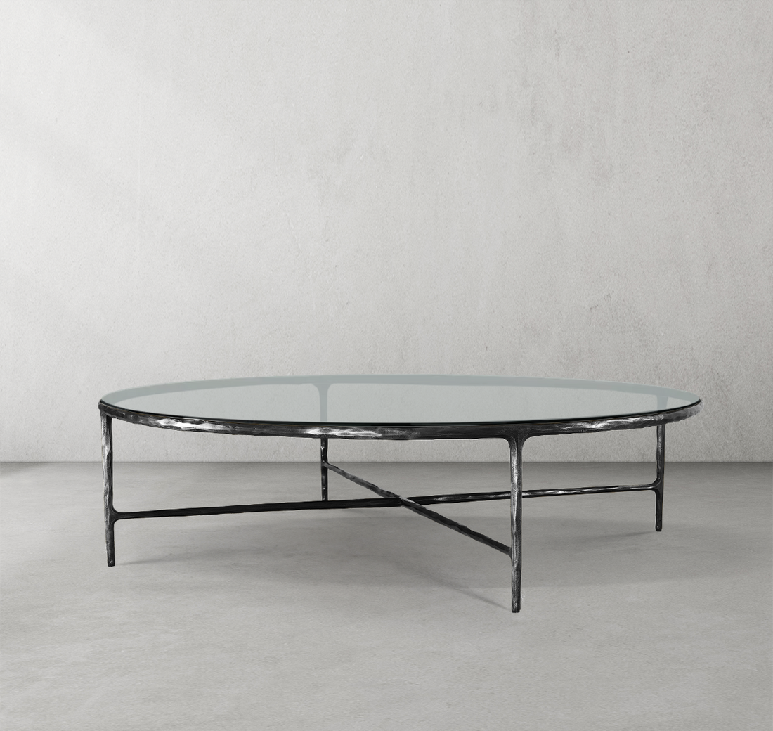 Thaddeus Forged Iron Glass Round Coffee Table 36" 55" - King Lamps